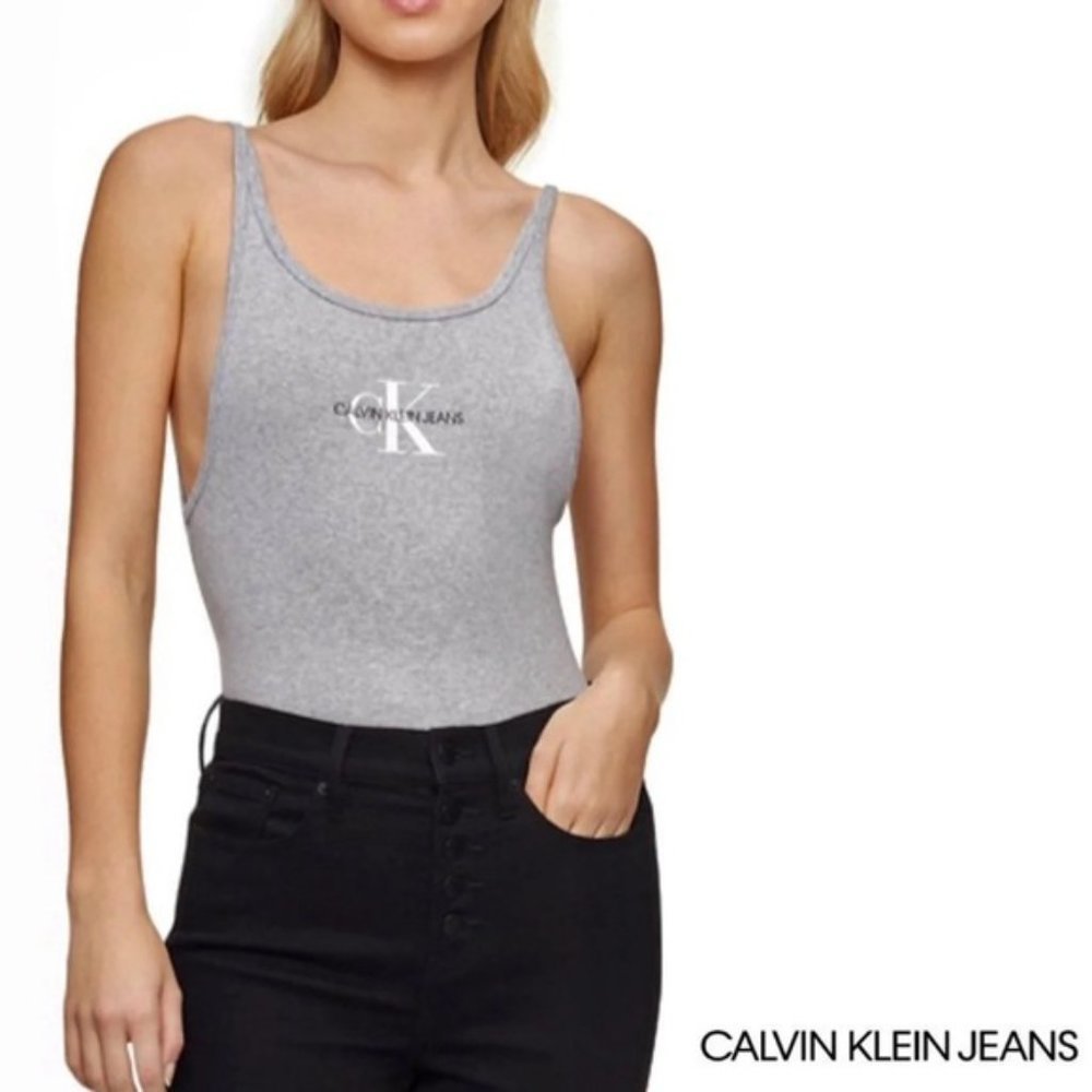 Calvin Klein Monogram Logo Plunge Back Bodysuit In Pearl Grey Heather - Small